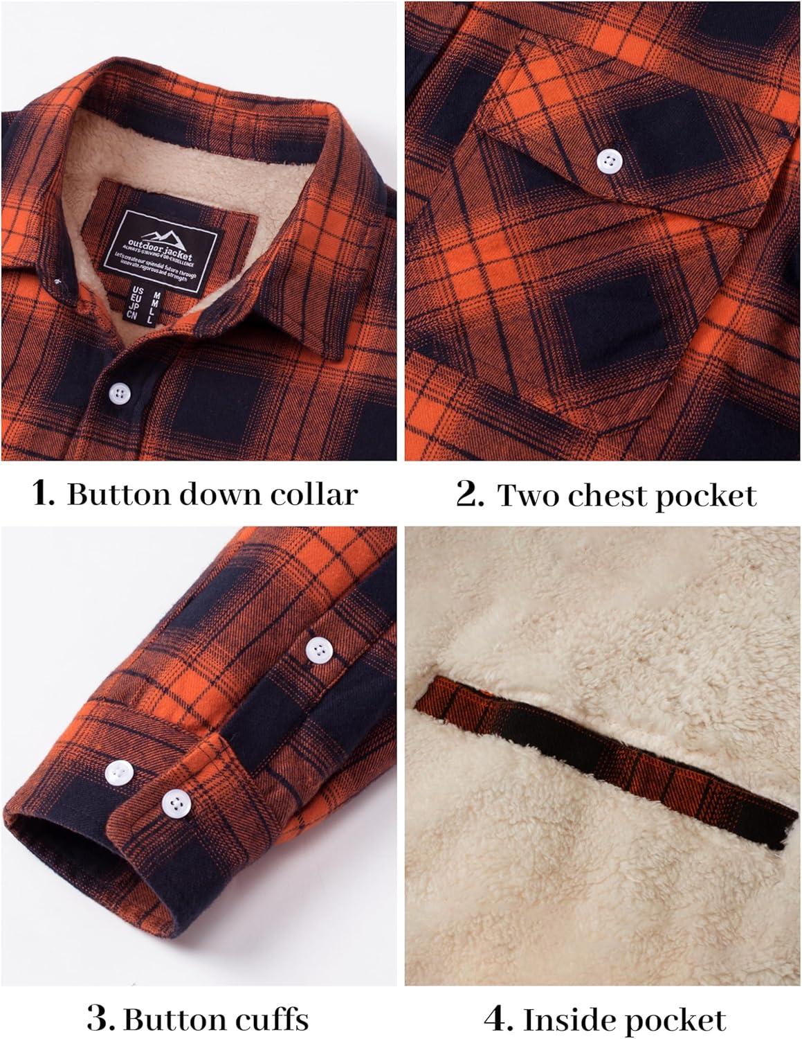 imageMAGCOMSEN Mens Flannel Shirt Fleece Lined Heavyweight Flannel Jacket Cotton Button Up Plaid Shirt Warm Winter CoatOrange