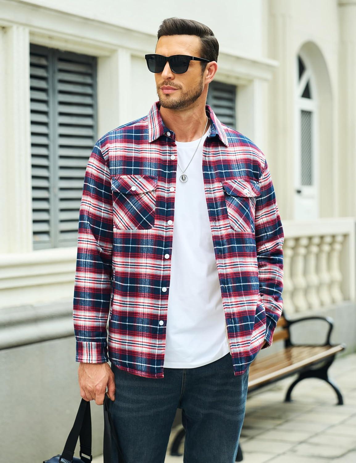 imageMAGCOMSEN Mens Flannel Shirt Fleece Lined Heavyweight Flannel Jacket Cotton Button Up Plaid Shirt Warm Winter CoatRed
