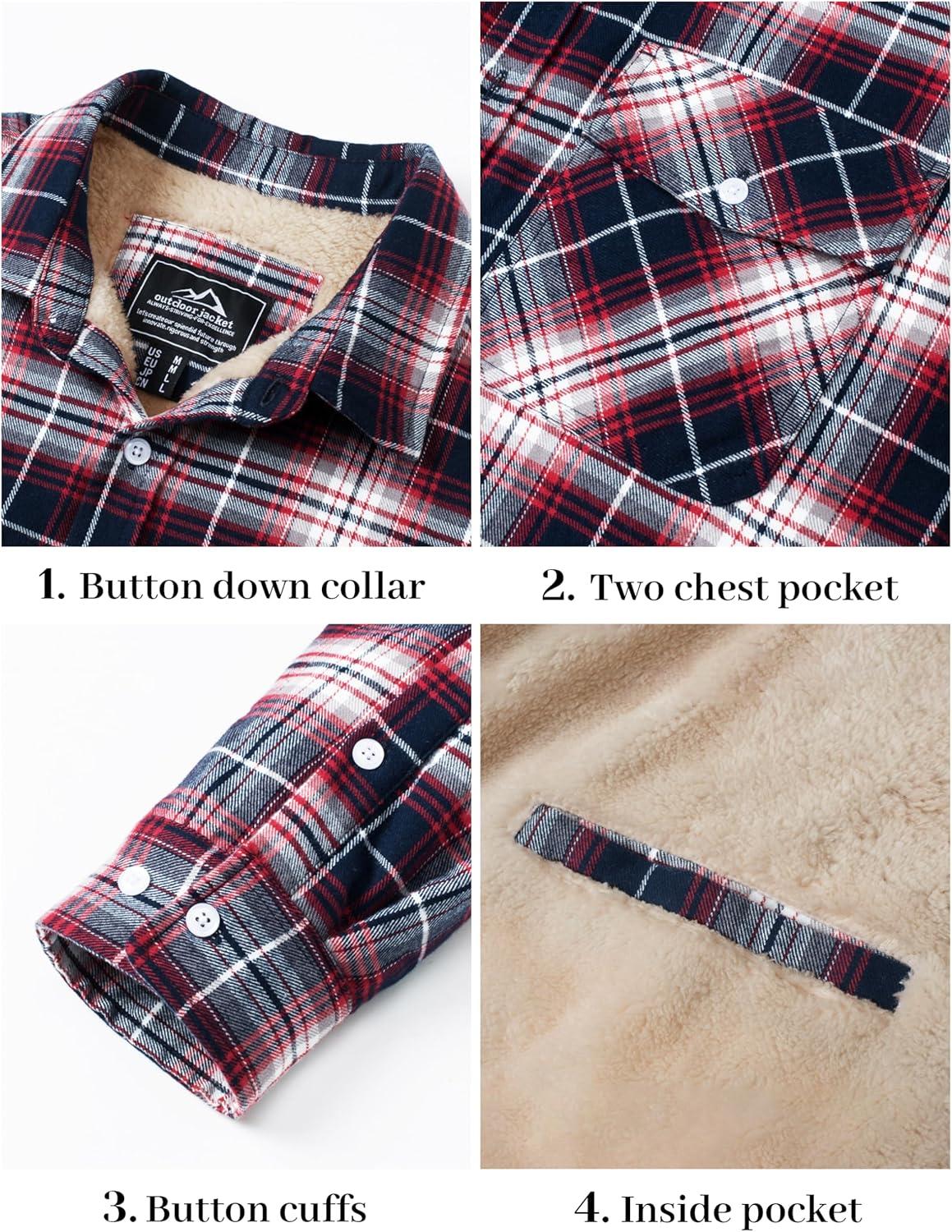 imageMAGCOMSEN Mens Flannel Shirt Fleece Lined Heavyweight Flannel Jacket Cotton Button Up Plaid Shirt Warm Winter CoatRed