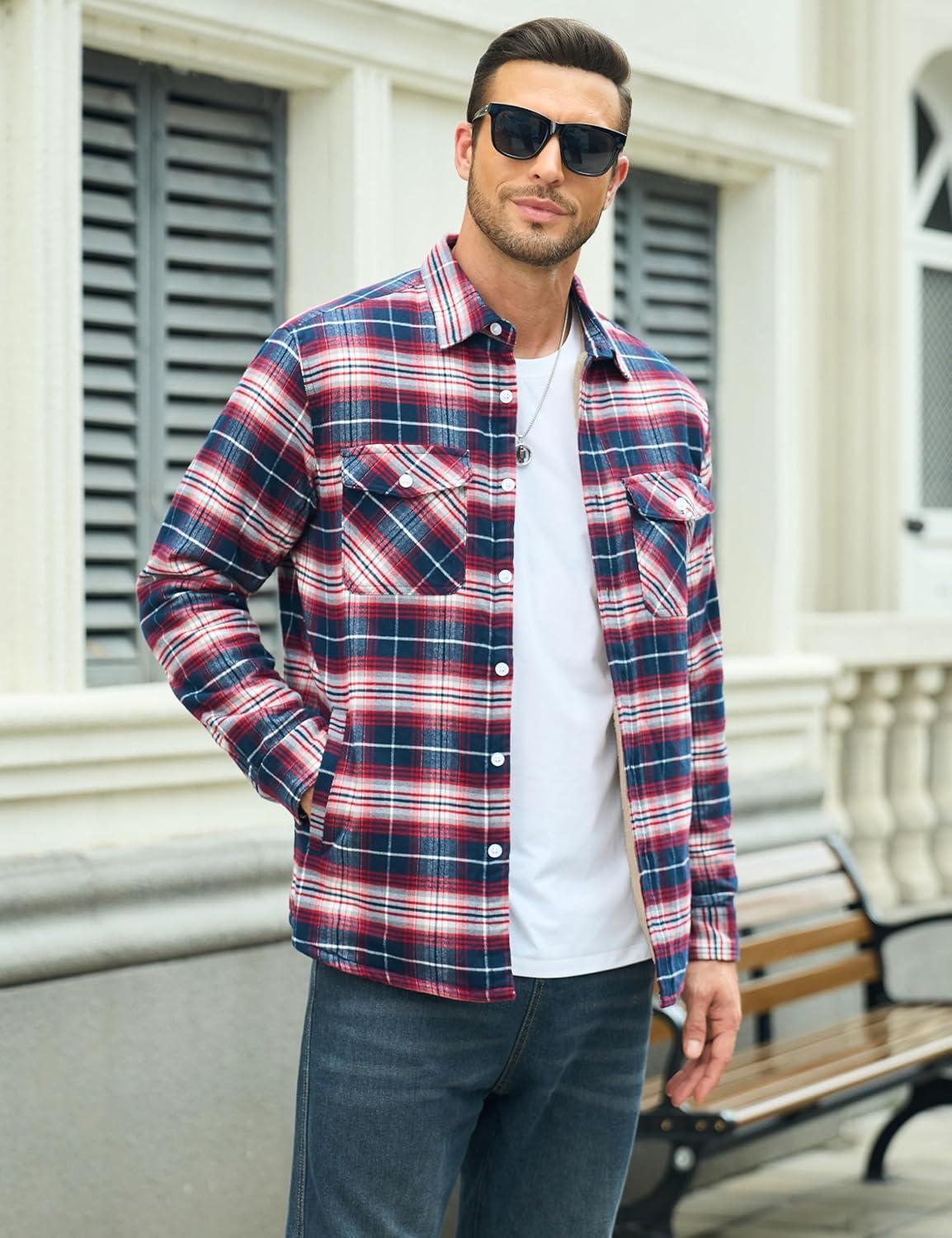 imageMAGCOMSEN Mens Flannel Shirt Fleece Lined Heavyweight Flannel Jacket Cotton Button Up Plaid Shirt Warm Winter CoatRed