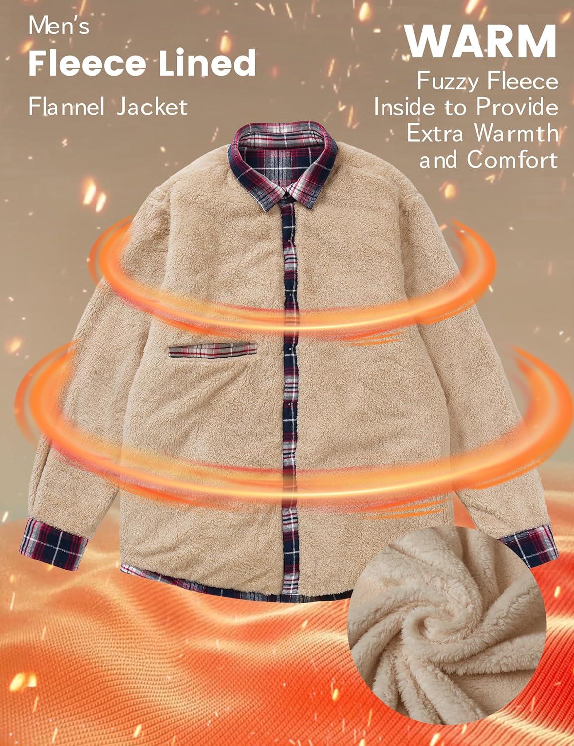 imageMAGCOMSEN Mens Flannel Shirt Fleece Lined Heavyweight Flannel Jacket Cotton Button Up Plaid Shirt Warm Winter CoatRed