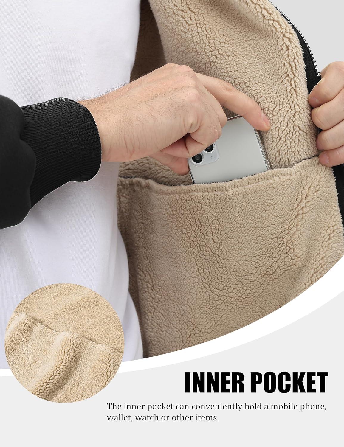 imageMAGCOMSEN Mens Fleece Hoodie Sherpa Jacket Full Zip Warm Fuzzy Windproof Winter Coats Hooded OutwearBlack