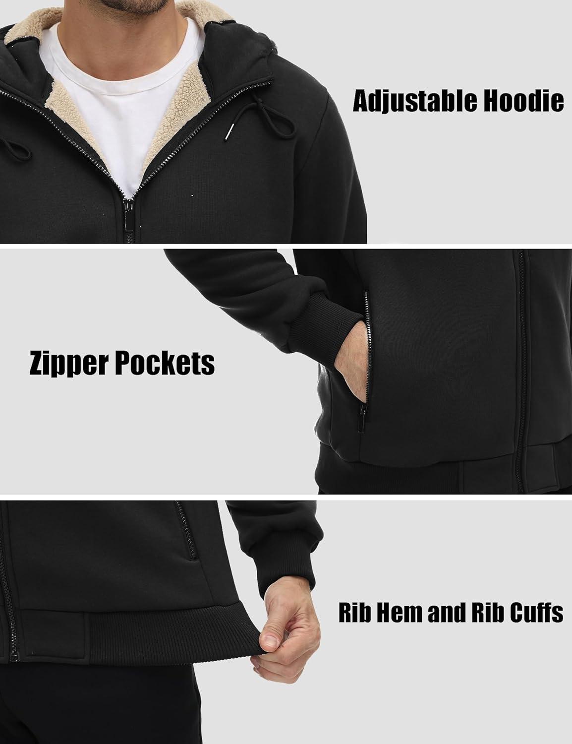 imageMAGCOMSEN Mens Fleece Hoodie Sherpa Jacket Full Zip Warm Fuzzy Windproof Winter Coats Hooded OutwearBlack