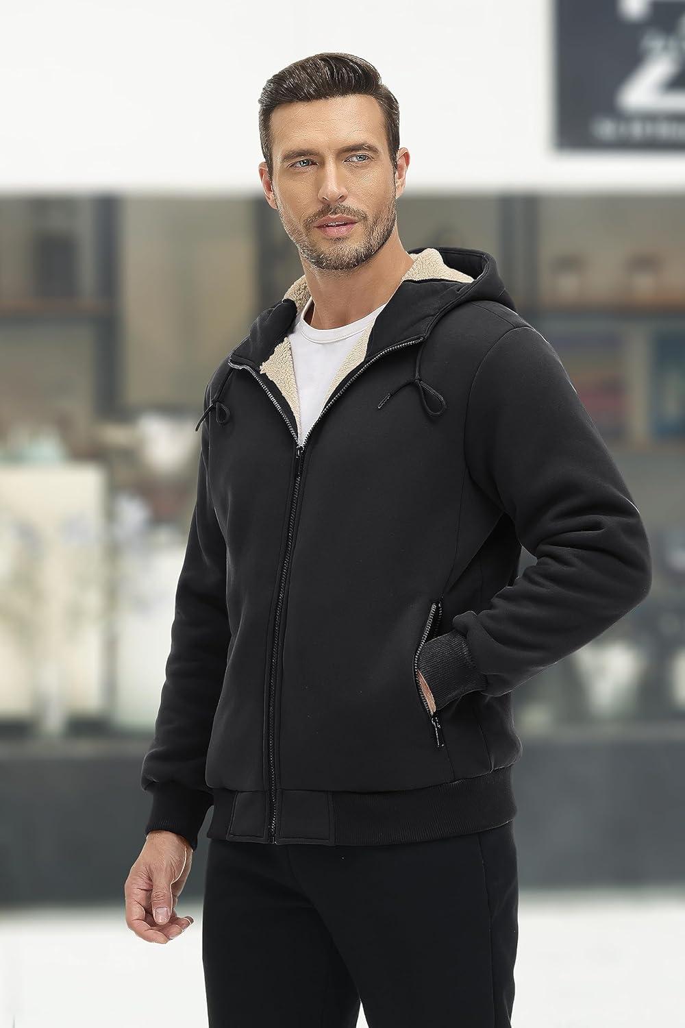 imageMAGCOMSEN Mens Fleece Hoodie Sherpa Jacket Full Zip Warm Fuzzy Windproof Winter Coats Hooded OutwearBlack