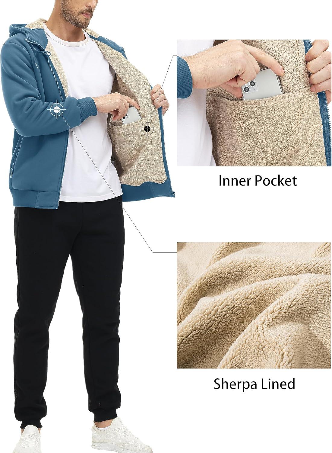 imageMAGCOMSEN Mens Fleece Hoodie Sherpa Jacket Full Zip Warm Fuzzy Windproof Winter Coats Hooded OutwearHaze Blue