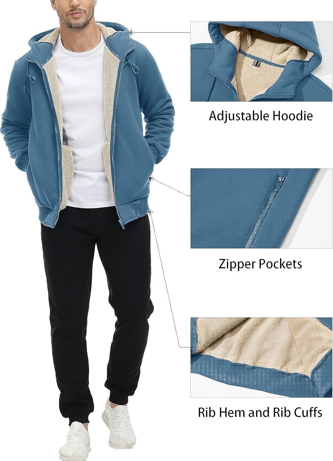 imageMAGCOMSEN Mens Fleece Hoodie Sherpa Jacket Full Zip Warm Fuzzy Windproof Winter Coats Hooded OutwearHaze Blue