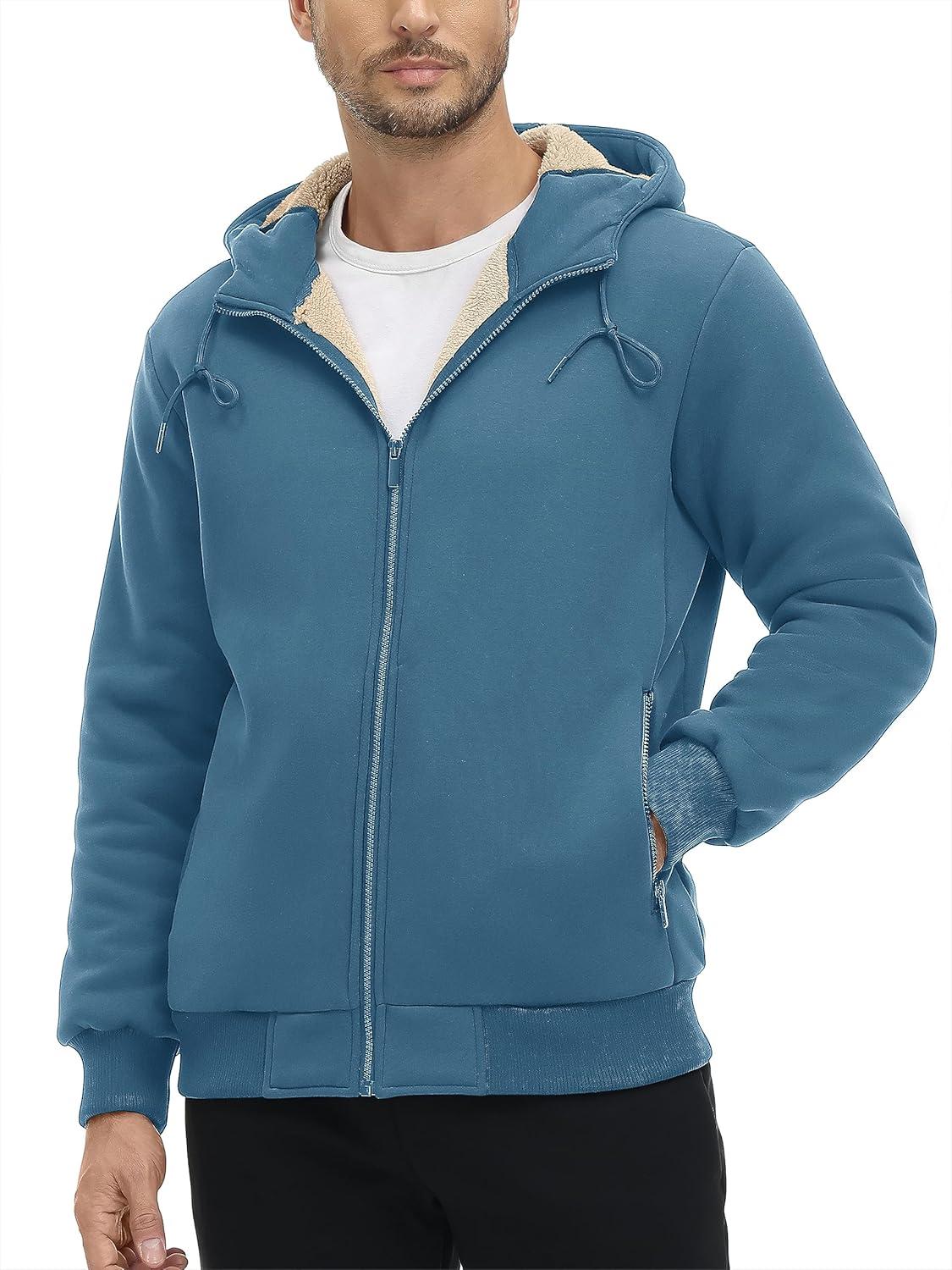 imageMAGCOMSEN Mens Fleece Hoodie Sherpa Jacket Full Zip Warm Fuzzy Windproof Winter Coats Hooded OutwearHaze Blue