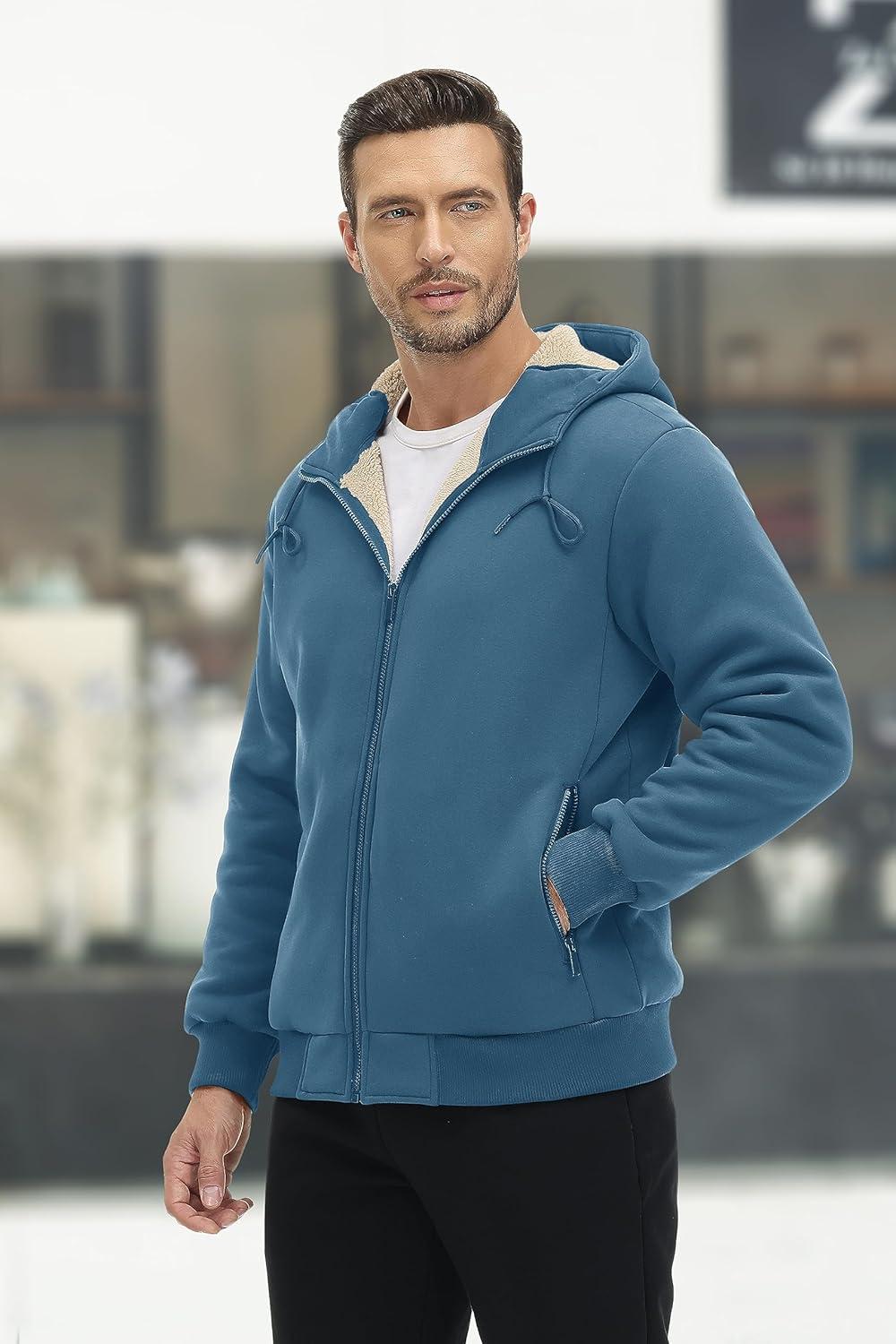 imageMAGCOMSEN Mens Fleece Hoodie Sherpa Jacket Full Zip Warm Fuzzy Windproof Winter Coats Hooded OutwearHaze Blue