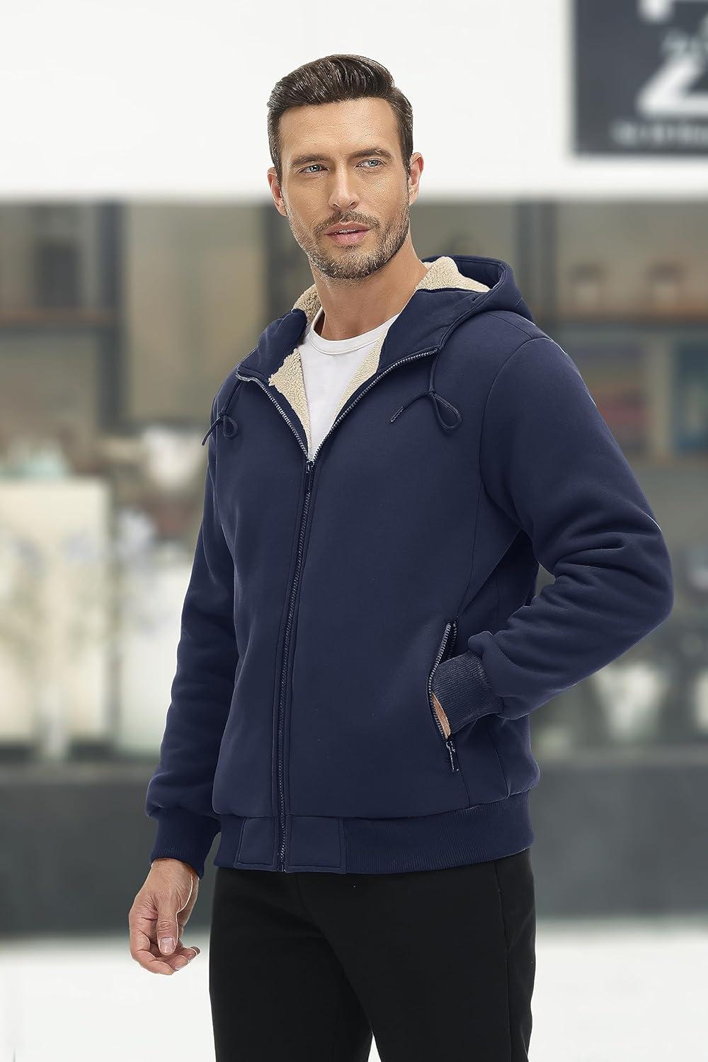 imageMAGCOMSEN Mens Fleece Hoodie Sherpa Jacket Full Zip Warm Fuzzy Windproof Winter Coats Hooded OutwearNavy