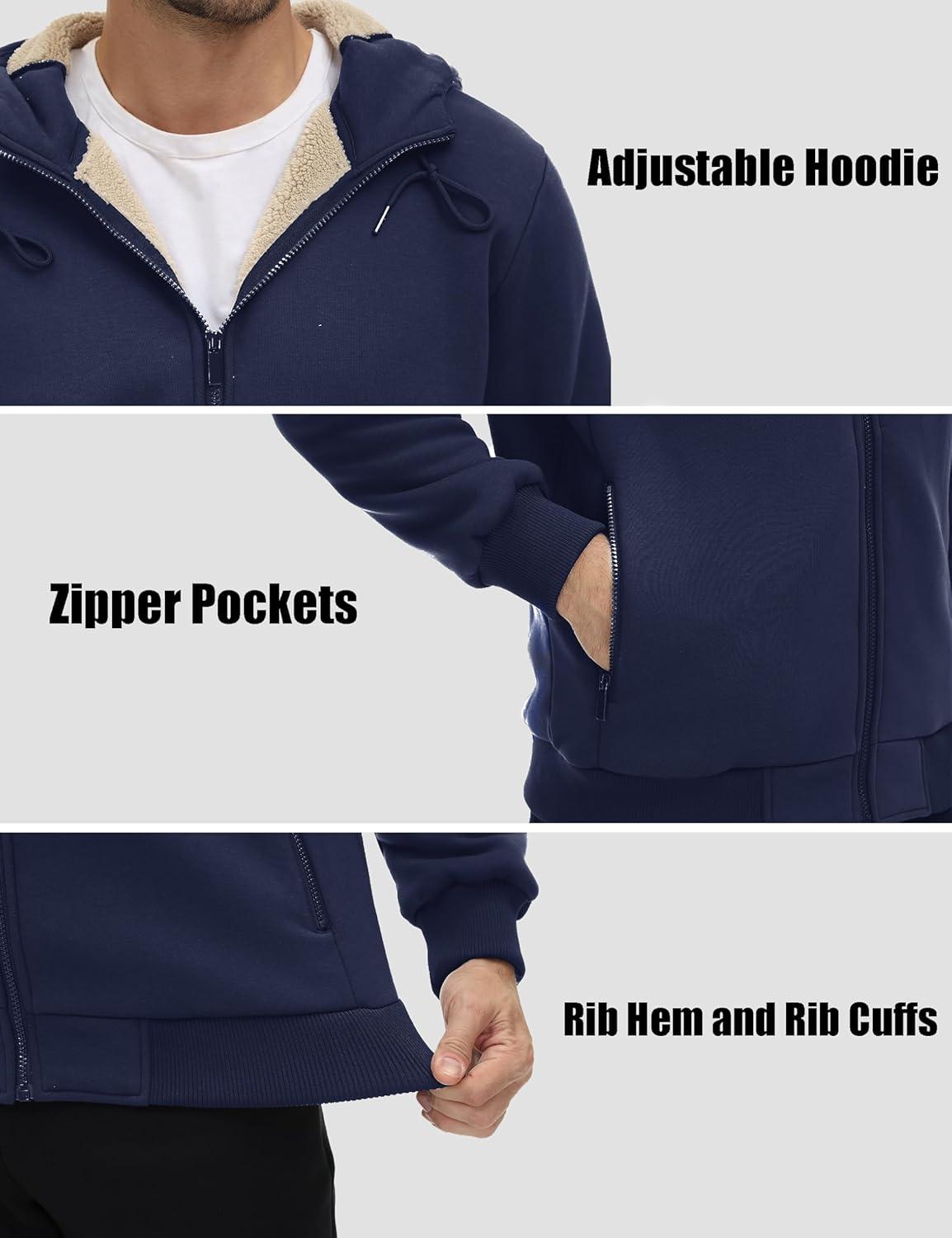 imageMAGCOMSEN Mens Fleece Hoodie Sherpa Jacket Full Zip Warm Fuzzy Windproof Winter Coats Hooded OutwearNavy