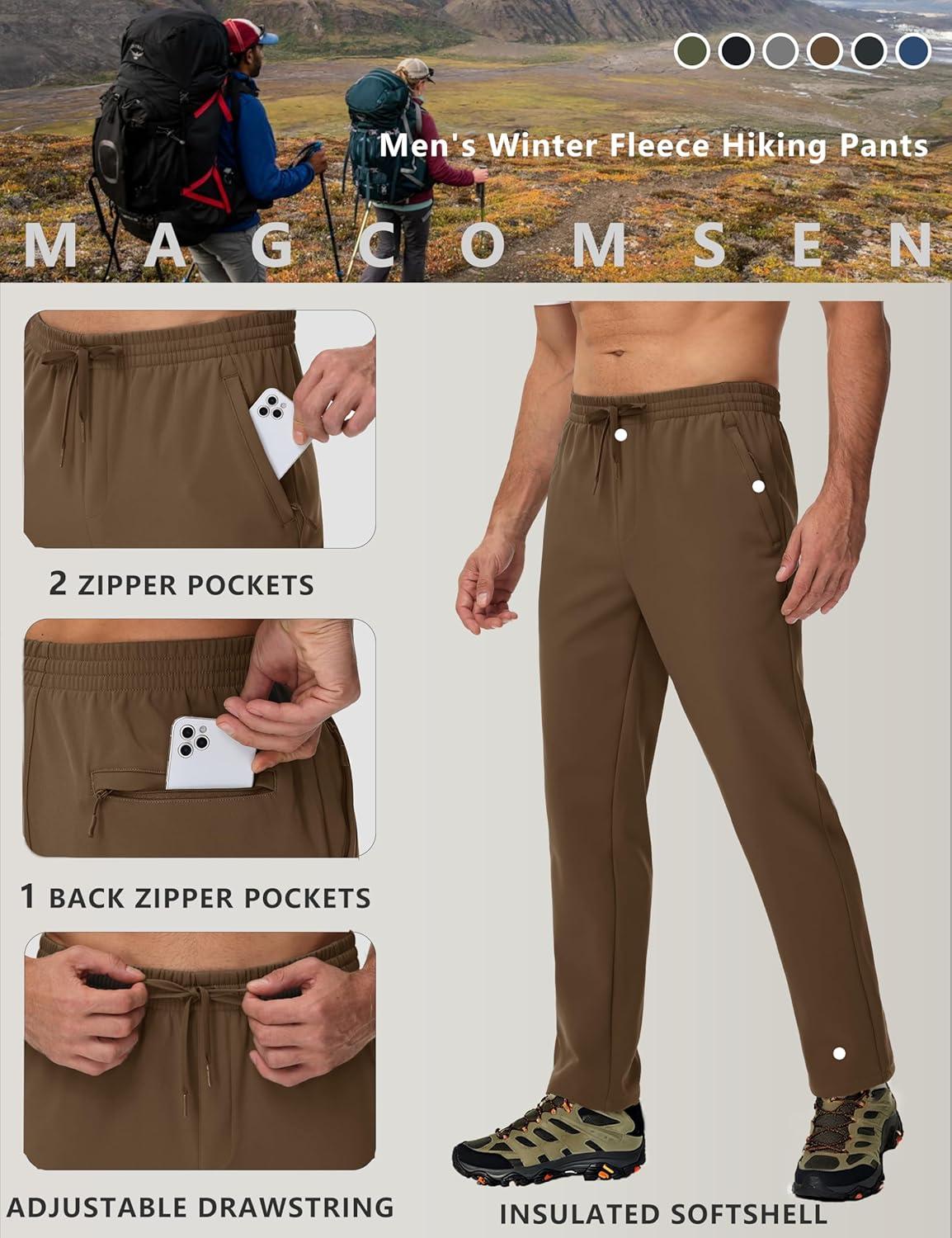 imageMAGCOMSEN Mens Fleece Lined Sweatpants with Zipper Pockets Athletic Workout Running Winter Water Resistant PantsDark Brown