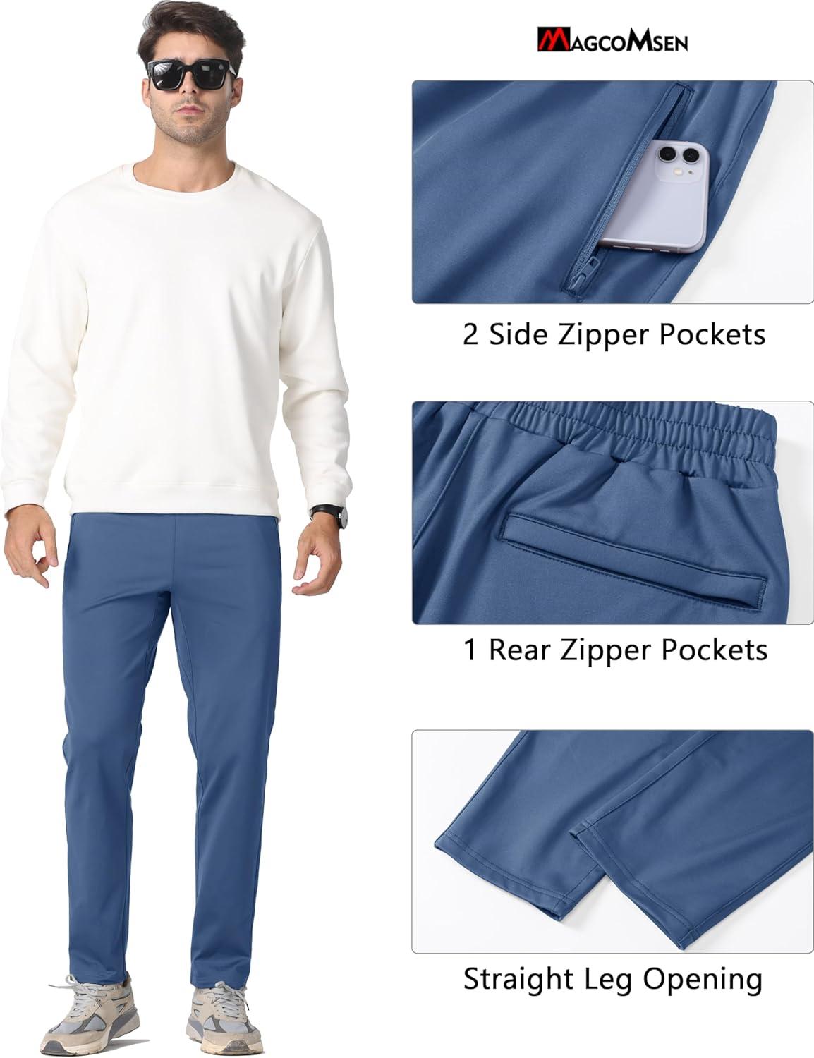imageMAGCOMSEN Mens Fleece Lined Winter Warm Pants Water Resistant Workout Athletic Casual Sweatpants with 3 Zipper PocketsBlue Grey