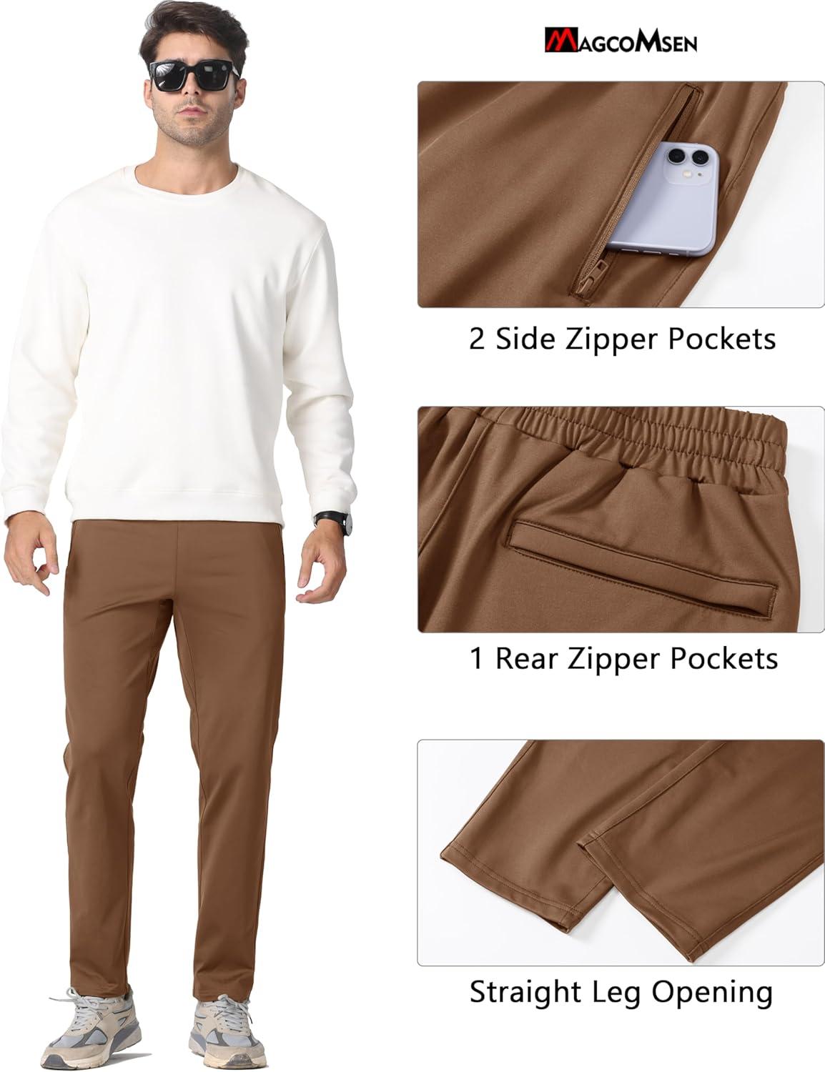 imageMAGCOMSEN Mens Fleece Lined Winter Warm Pants Water Resistant Workout Athletic Casual Sweatpants with 3 Zipper PocketsBrown