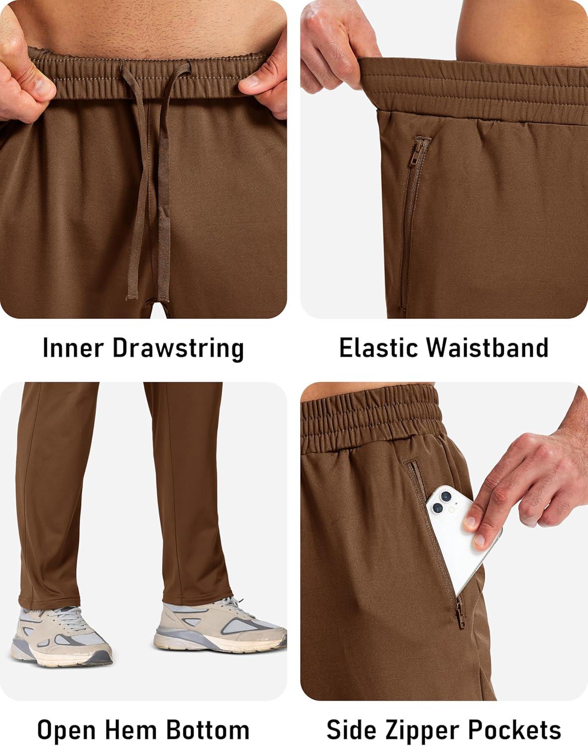 imageMAGCOMSEN Mens Fleece Lined Winter Warm Pants Water Resistant Workout Athletic Casual Sweatpants with 3 Zipper PocketsBrown