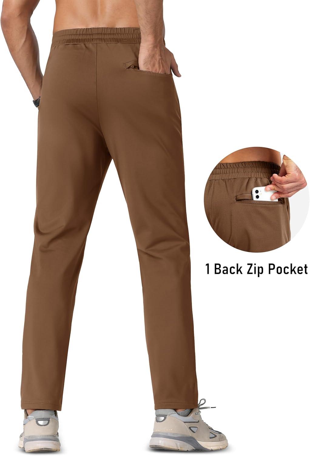 imageMAGCOMSEN Mens Fleece Lined Winter Warm Pants Water Resistant Workout Athletic Casual Sweatpants with 3 Zipper PocketsBrown