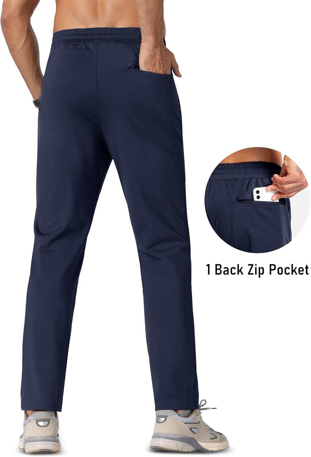 imageMAGCOMSEN Mens Fleece Lined Winter Warm Pants Water Resistant Workout Athletic Casual Sweatpants with 3 Zipper PocketsNavy