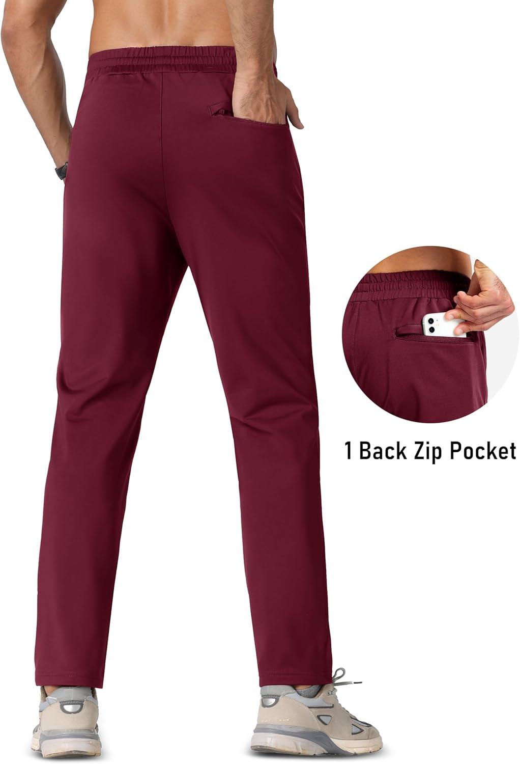 imageMAGCOMSEN Mens Fleece Lined Winter Warm Pants Water Resistant Workout Athletic Casual Sweatpants with 3 Zipper PocketsWine Red