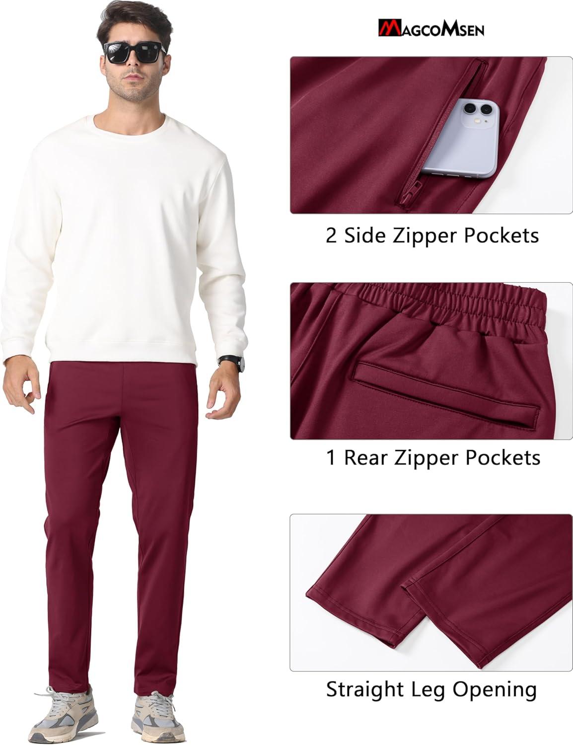 imageMAGCOMSEN Mens Fleece Lined Winter Warm Pants Water Resistant Workout Athletic Casual Sweatpants with 3 Zipper PocketsWine Red