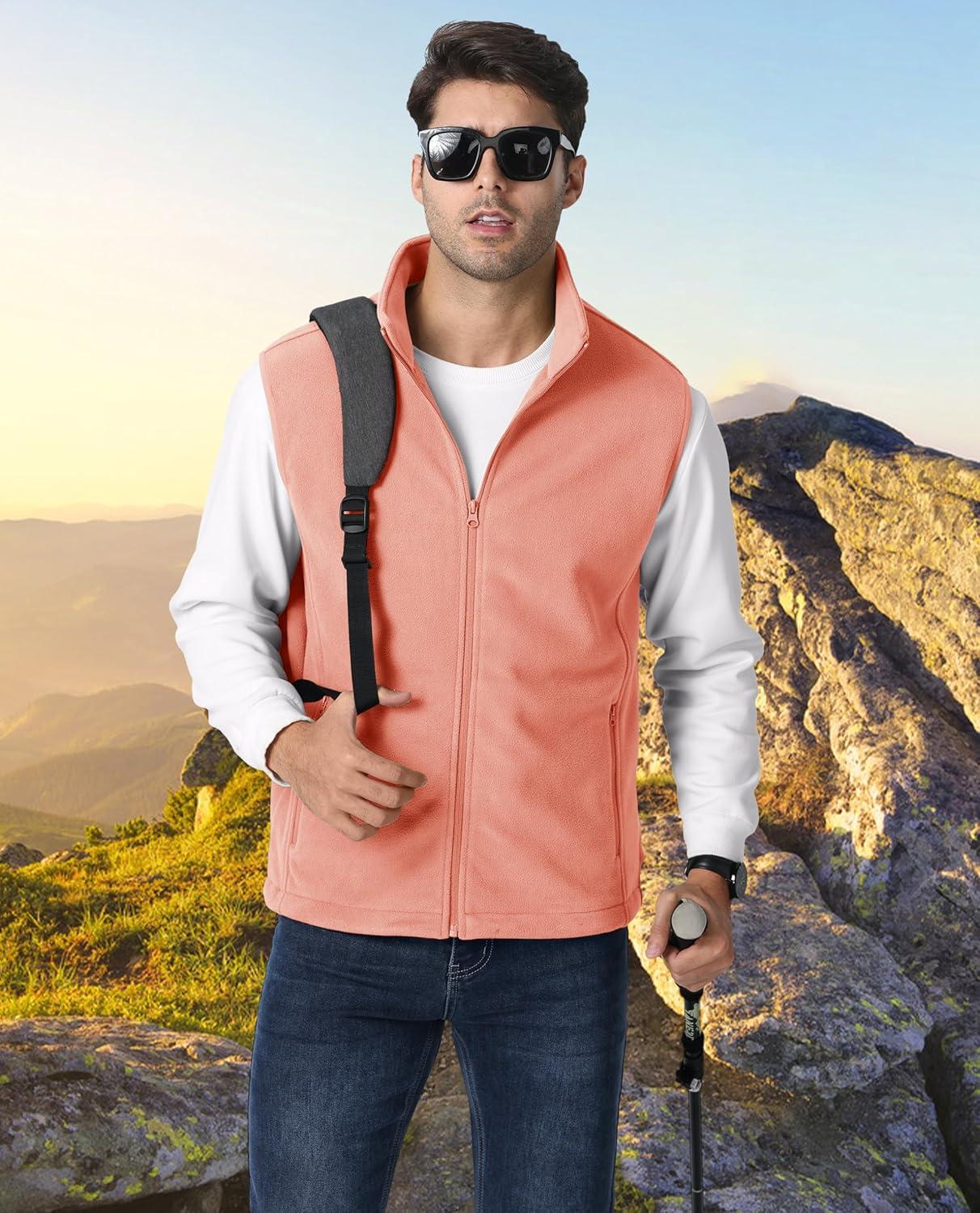 imageMAGCOMSEN Mens Fleece Vest Lightweight Zip Up Winter Vests Outerwear Warm Polar Sleeveless Jacket with Pockets Casual GolfApricot