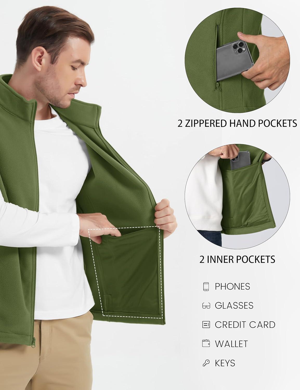 imageMAGCOMSEN Mens Fleece Vest Lightweight Zip Up Winter Vests Outerwear Warm Polar Sleeveless Jacket with Pockets Casual GolfArmy Green