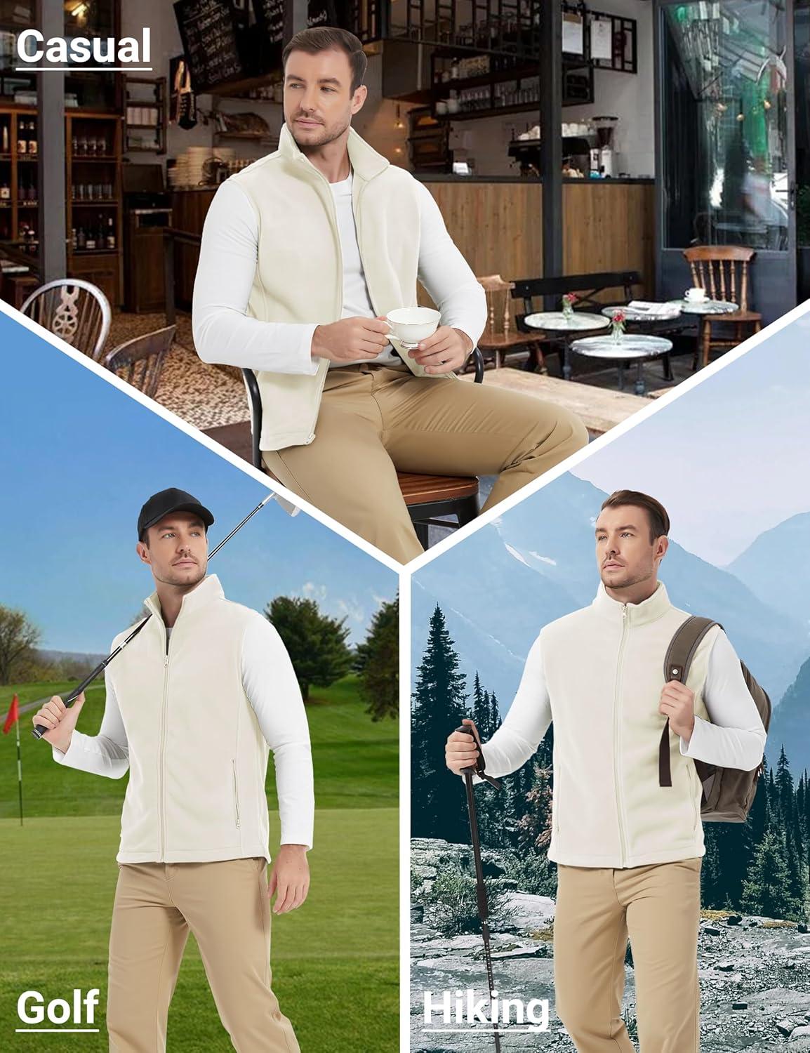 imageMAGCOMSEN Mens Fleece Vest Lightweight Zip Up Winter Vests Outerwear Warm Polar Sleeveless Jacket with Pockets Casual GolfBeige