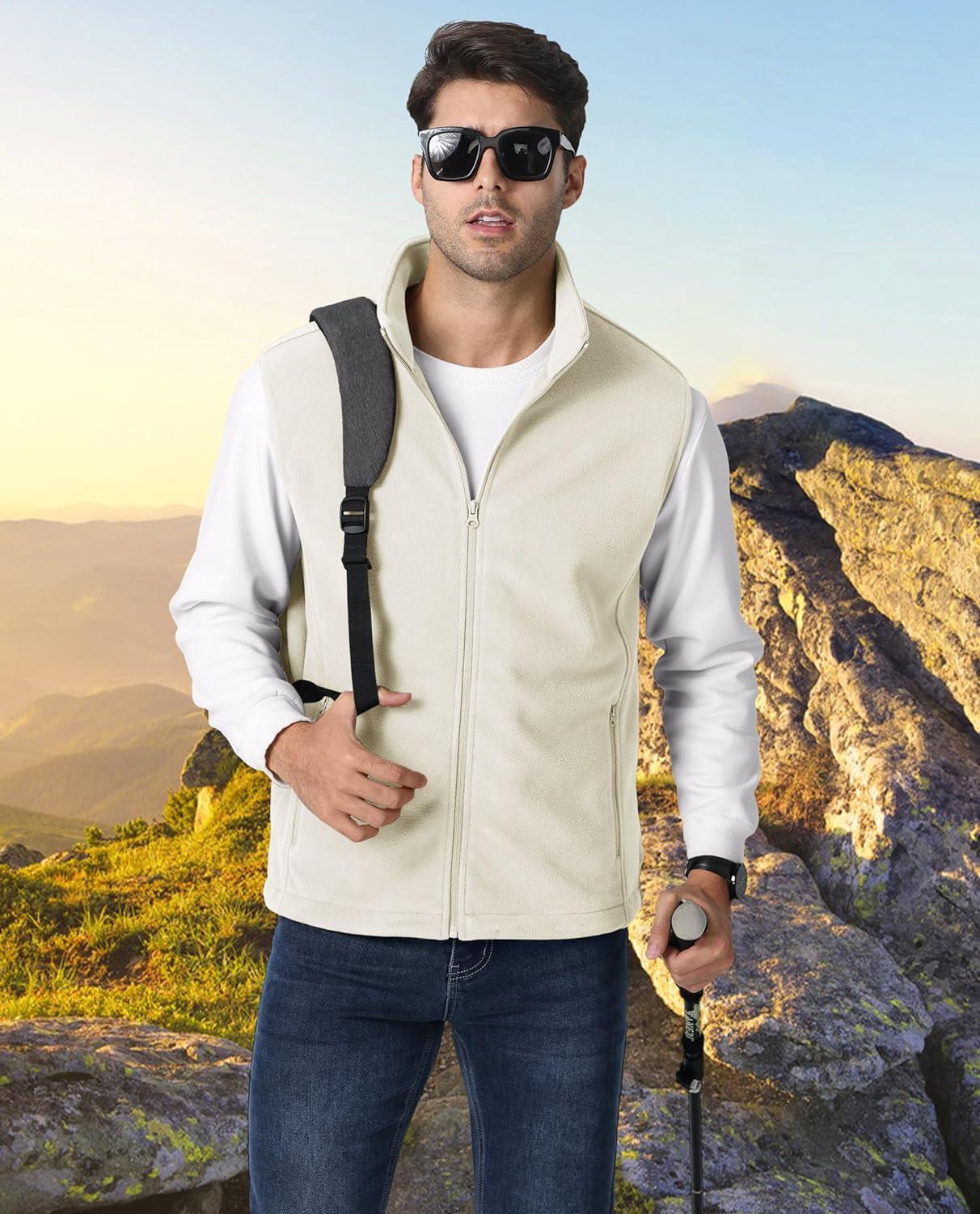 imageMAGCOMSEN Mens Fleece Vest Lightweight Zip Up Winter Vests Outerwear Warm Polar Sleeveless Jacket with Pockets Casual GolfBeige