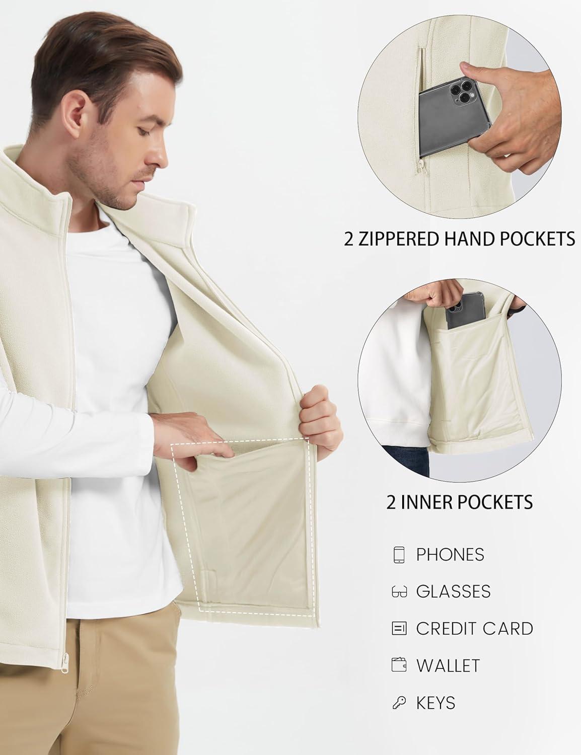 imageMAGCOMSEN Mens Fleece Vest Lightweight Zip Up Winter Vests Outerwear Warm Polar Sleeveless Jacket with Pockets Casual GolfBeige