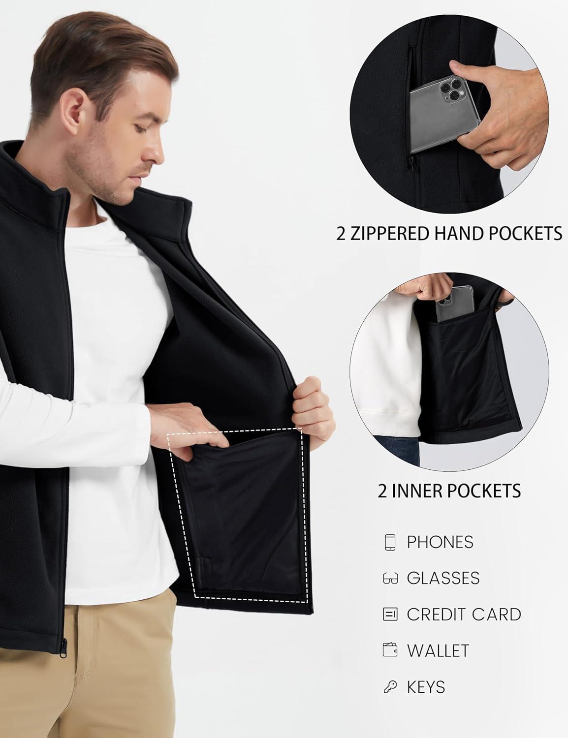 imageMAGCOMSEN Mens Fleece Vest Lightweight Zip Up Winter Vests Outerwear Warm Polar Sleeveless Jacket with Pockets Casual GolfBlack