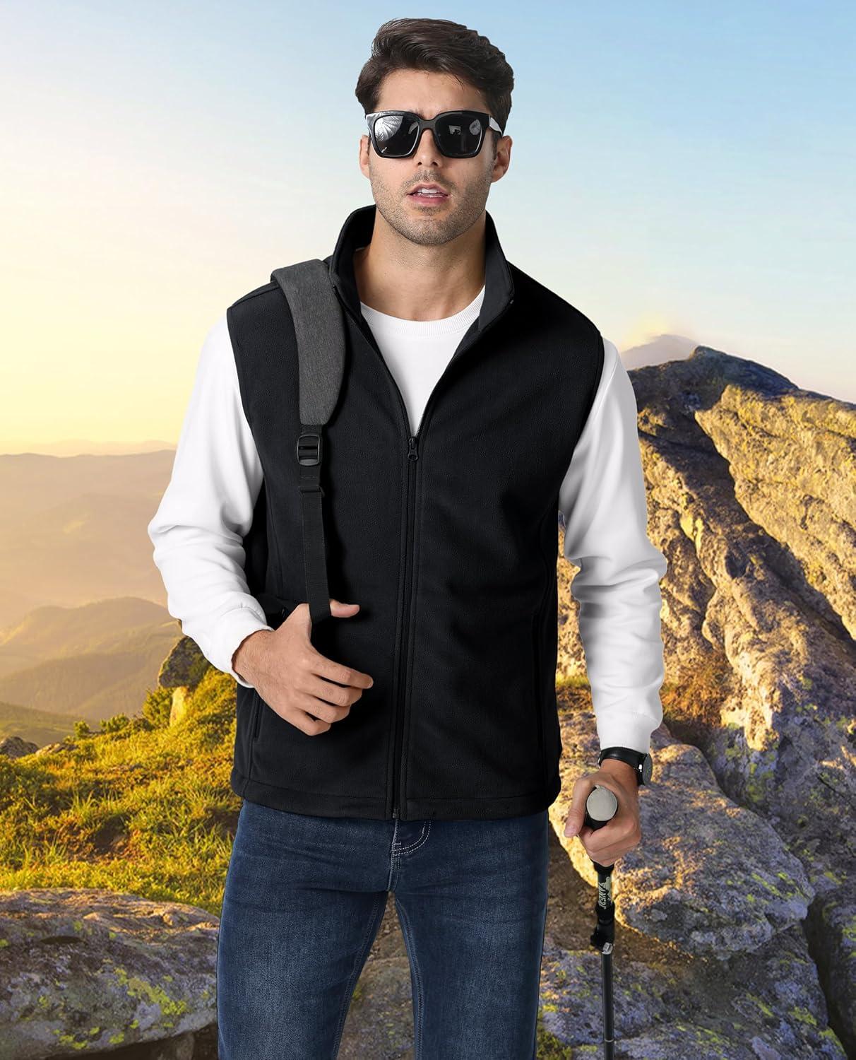 imageMAGCOMSEN Mens Fleece Vest Lightweight Zip Up Winter Vests Outerwear Warm Polar Sleeveless Jacket with Pockets Casual GolfBlack