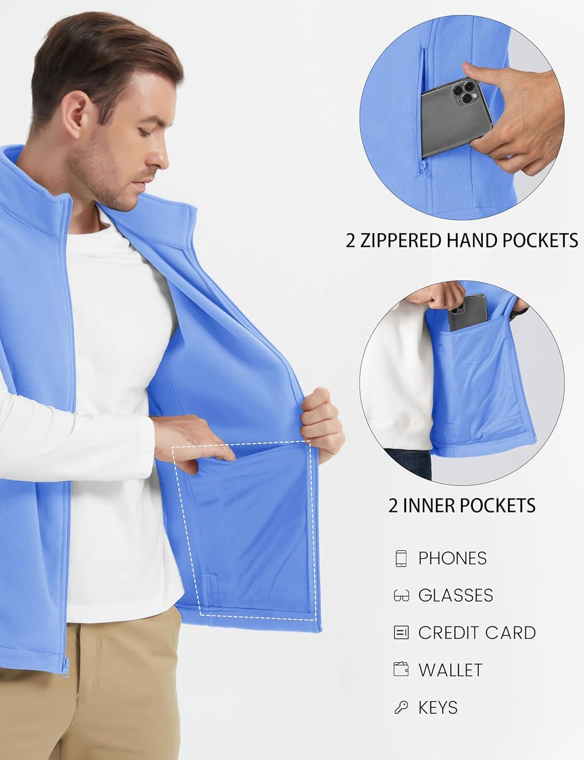 imageMAGCOMSEN Mens Fleece Vest Lightweight Zip Up Winter Vests Outerwear Warm Polar Sleeveless Jacket with Pockets Casual GolfLight Blue