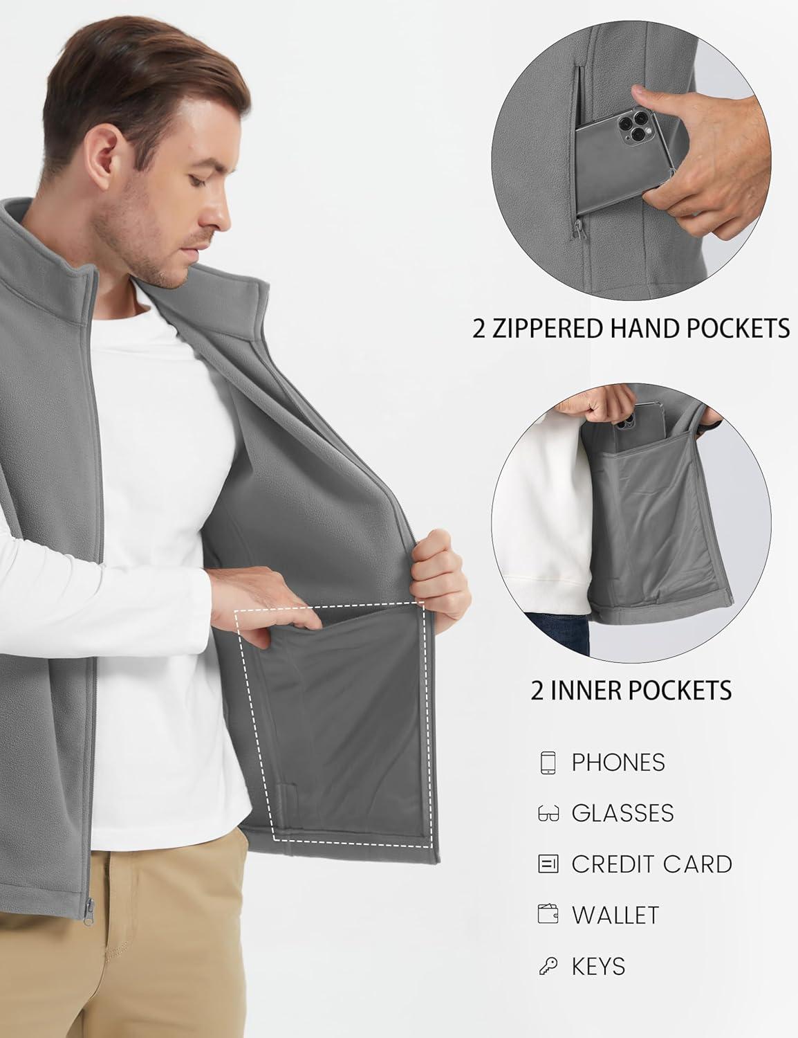 imageMAGCOMSEN Mens Fleece Vest Lightweight Zip Up Winter Vests Outerwear Warm Polar Sleeveless Jacket with Pockets Casual GolfLight Grey