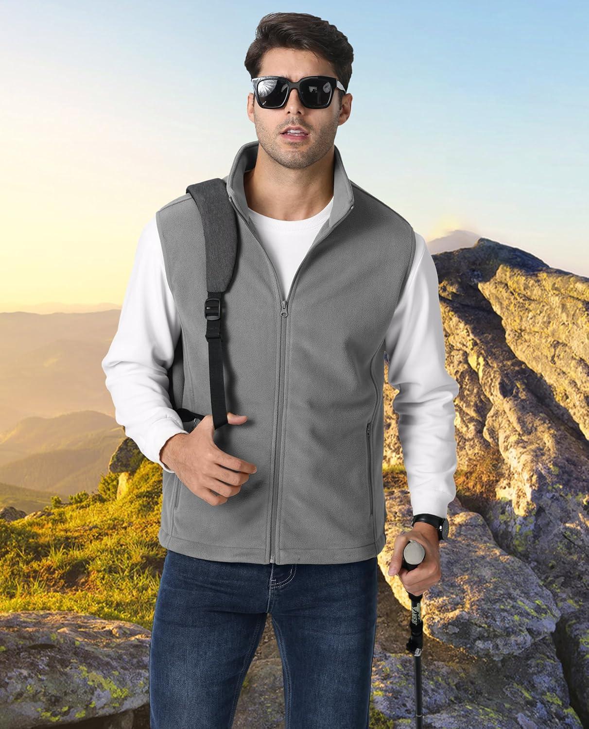imageMAGCOMSEN Mens Fleece Vest Lightweight Zip Up Winter Vests Outerwear Warm Polar Sleeveless Jacket with Pockets Casual GolfLight Grey