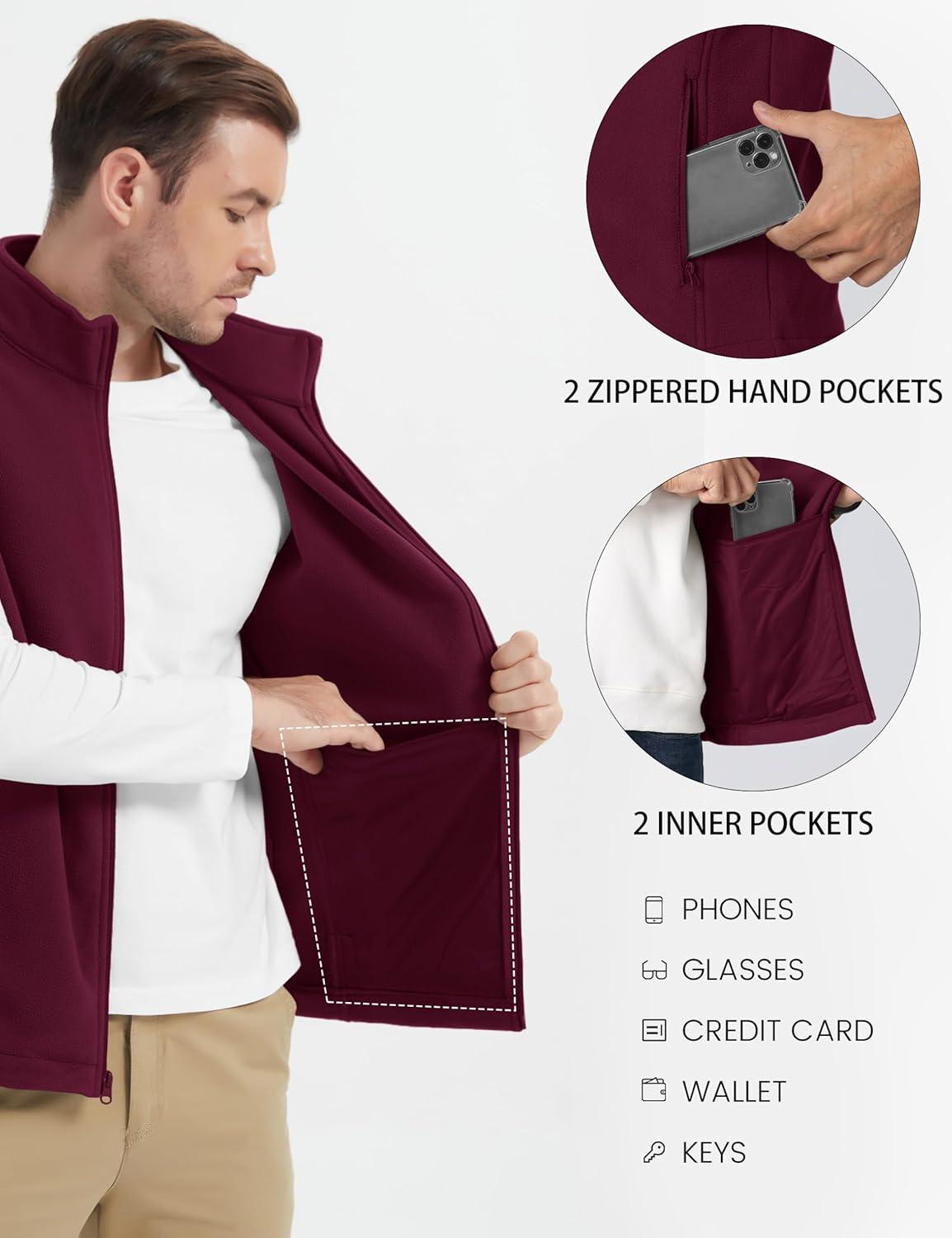imageMAGCOMSEN Mens Fleece Vest Lightweight Zip Up Winter Vests Outerwear Warm Polar Sleeveless Jacket with Pockets Casual GolfWine Red