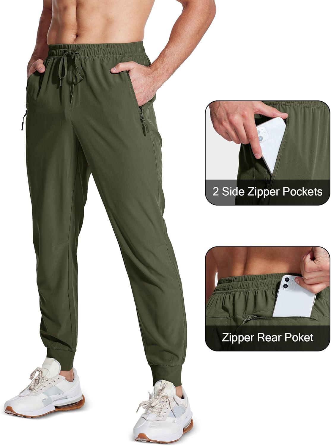 imageMAGCOMSEN Mens Joggers with Zipper Pockets Lightweight Hiking Sweatpants Athletic Pants for Men Running Workout Traning GymArmy Green