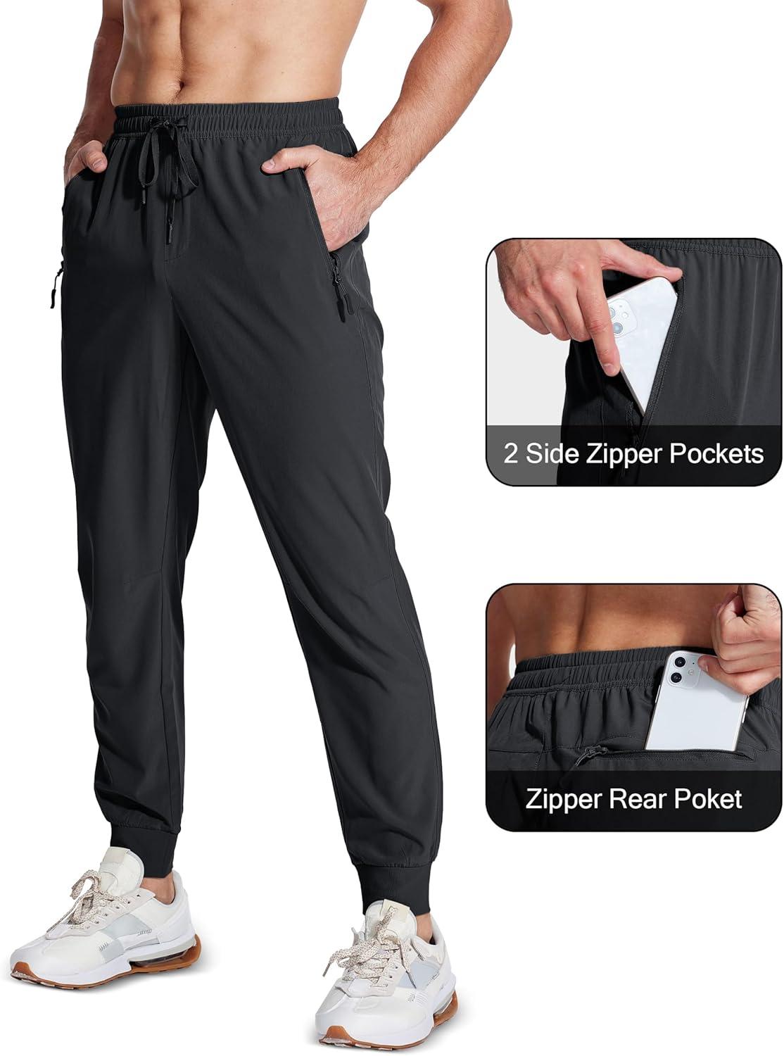 imageMAGCOMSEN Mens Joggers with Zipper Pockets Lightweight Hiking Sweatpants Athletic Pants for Men Running Workout Traning GymBlack