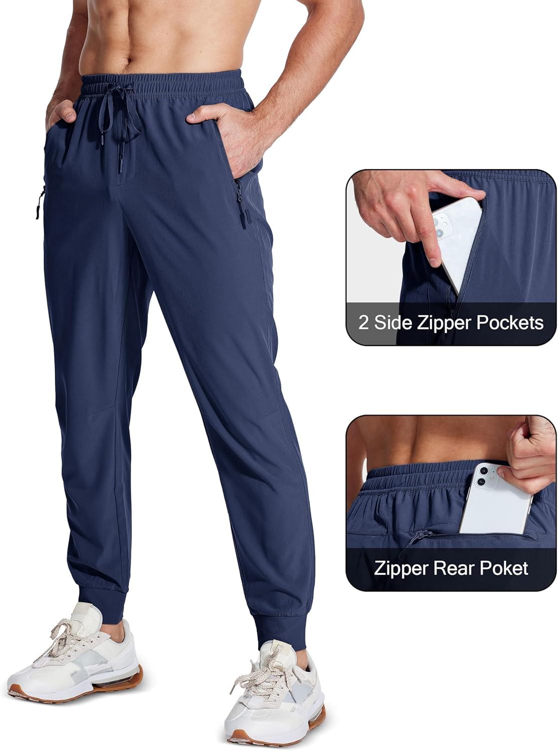 imageMAGCOMSEN Mens Joggers with Zipper Pockets Lightweight Hiking Sweatpants Athletic Pants for Men Running Workout Traning GymNavy