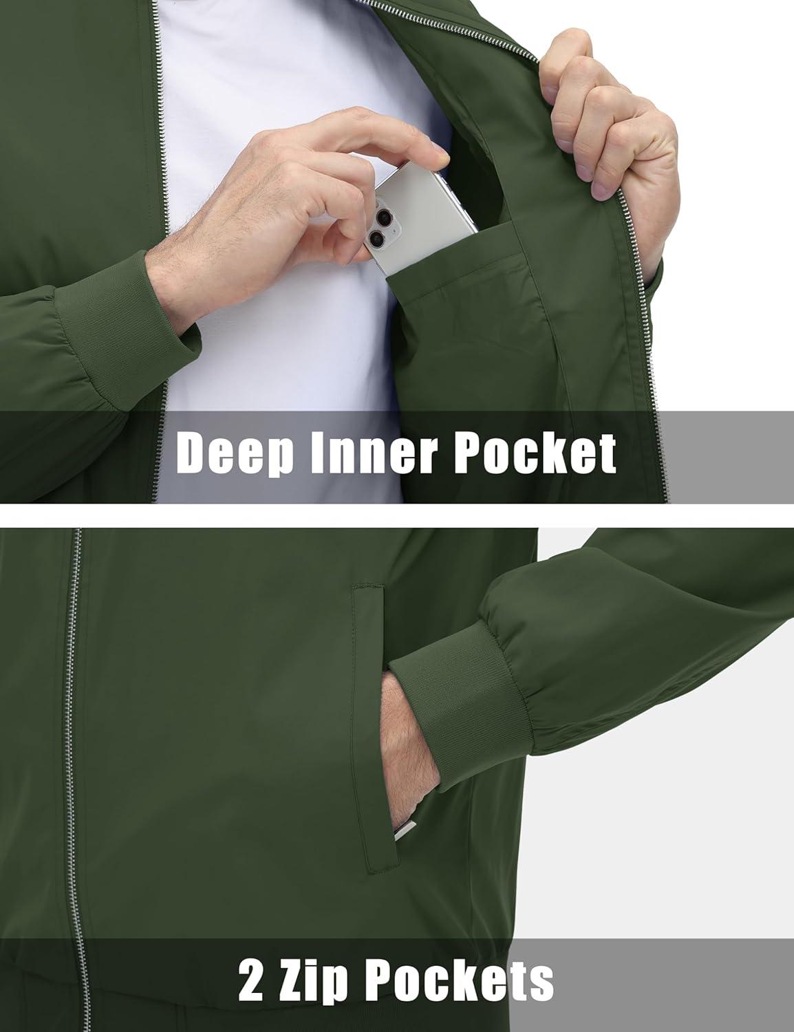 imageMAGCOMSEN Mens Lightweight Bomber Jacket Windproof Water Resistant Zip Up Coat Stand Up Collar Windbreaker with 3 PocketsArmy Green