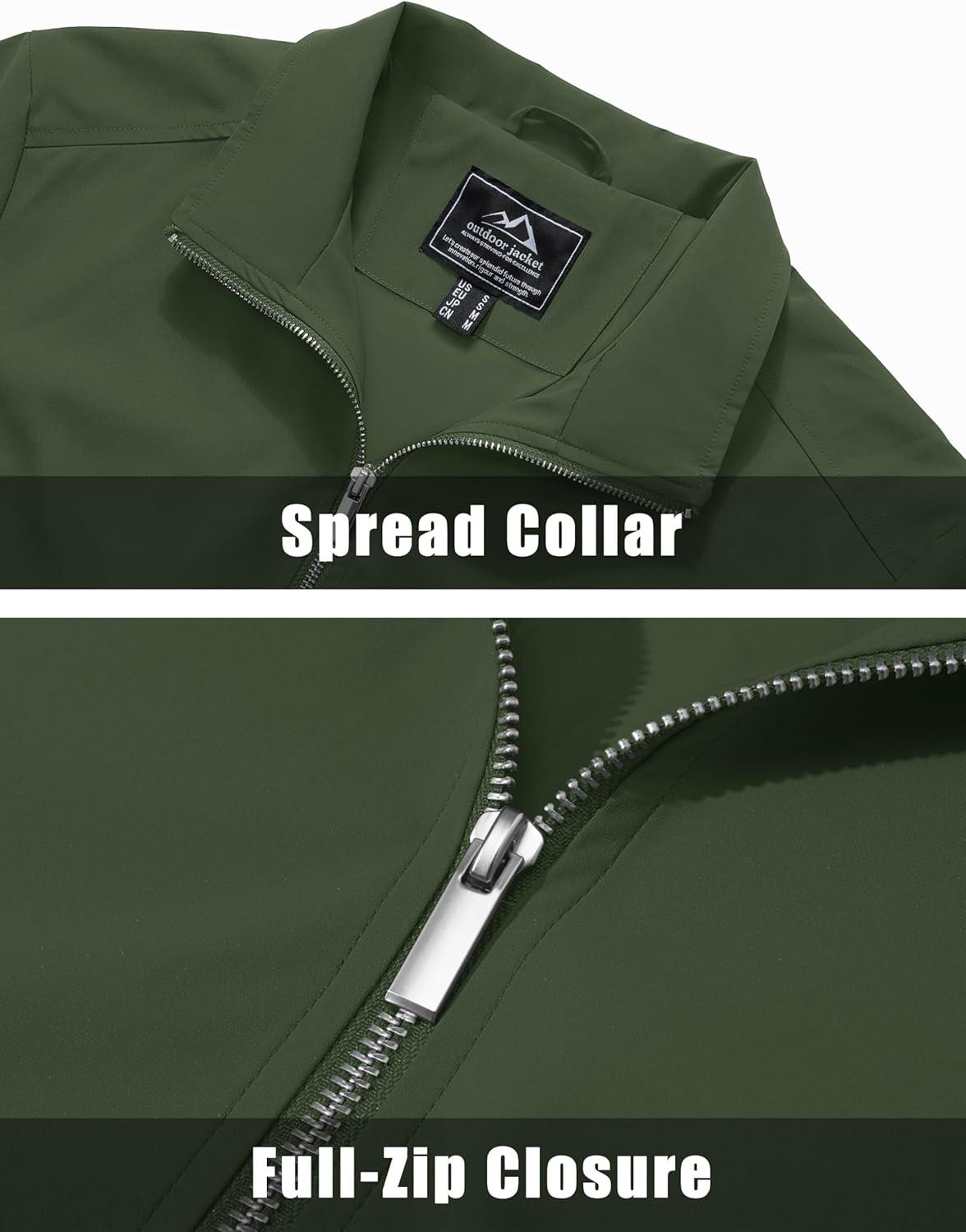 imageMAGCOMSEN Mens Lightweight Bomber Jacket Windproof Water Resistant Zip Up Coat Stand Up Collar Windbreaker with 3 PocketsArmy Green