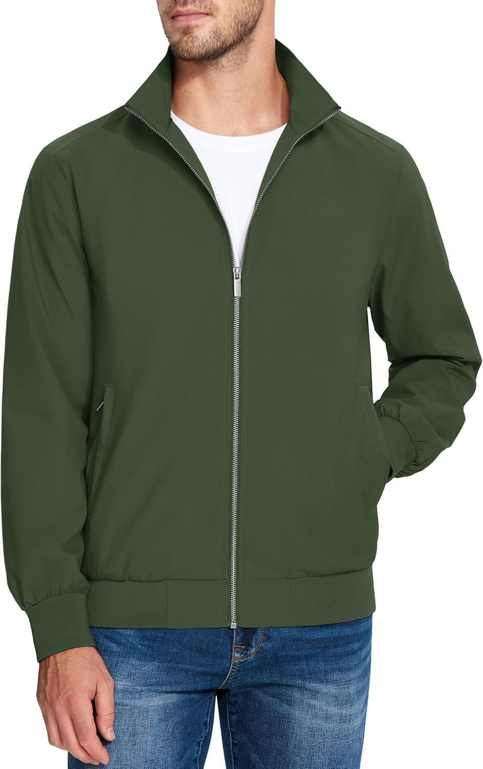 imageMAGCOMSEN Mens Lightweight Bomber Jacket Windproof Water Resistant Zip Up Coat Stand Up Collar Windbreaker with 3 PocketsArmy Green