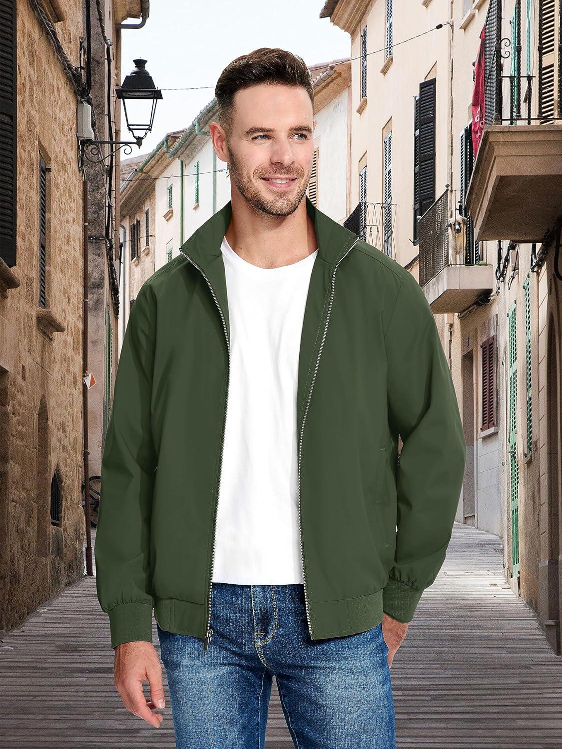 imageMAGCOMSEN Mens Lightweight Bomber Jacket Windproof Water Resistant Zip Up Coat Stand Up Collar Windbreaker with 3 PocketsArmy Green
