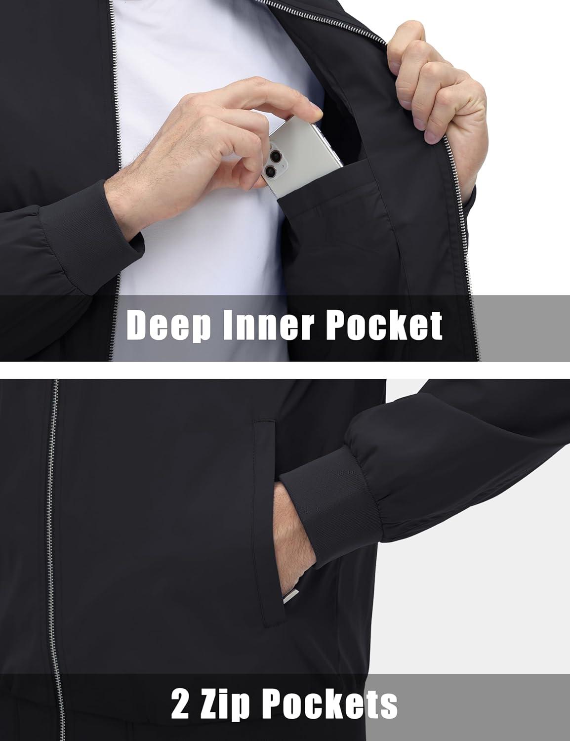 imageMAGCOMSEN Mens Lightweight Bomber Jacket Windproof Water Resistant Zip Up Coat Stand Up Collar Windbreaker with 3 PocketsBlack