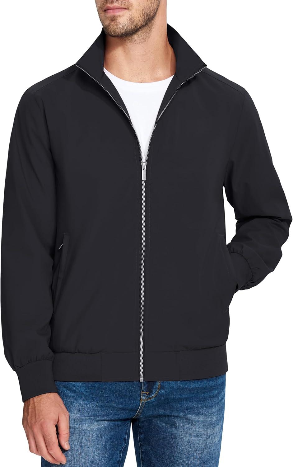 imageMAGCOMSEN Mens Lightweight Bomber Jacket Windproof Water Resistant Zip Up Coat Stand Up Collar Windbreaker with 3 PocketsBlack