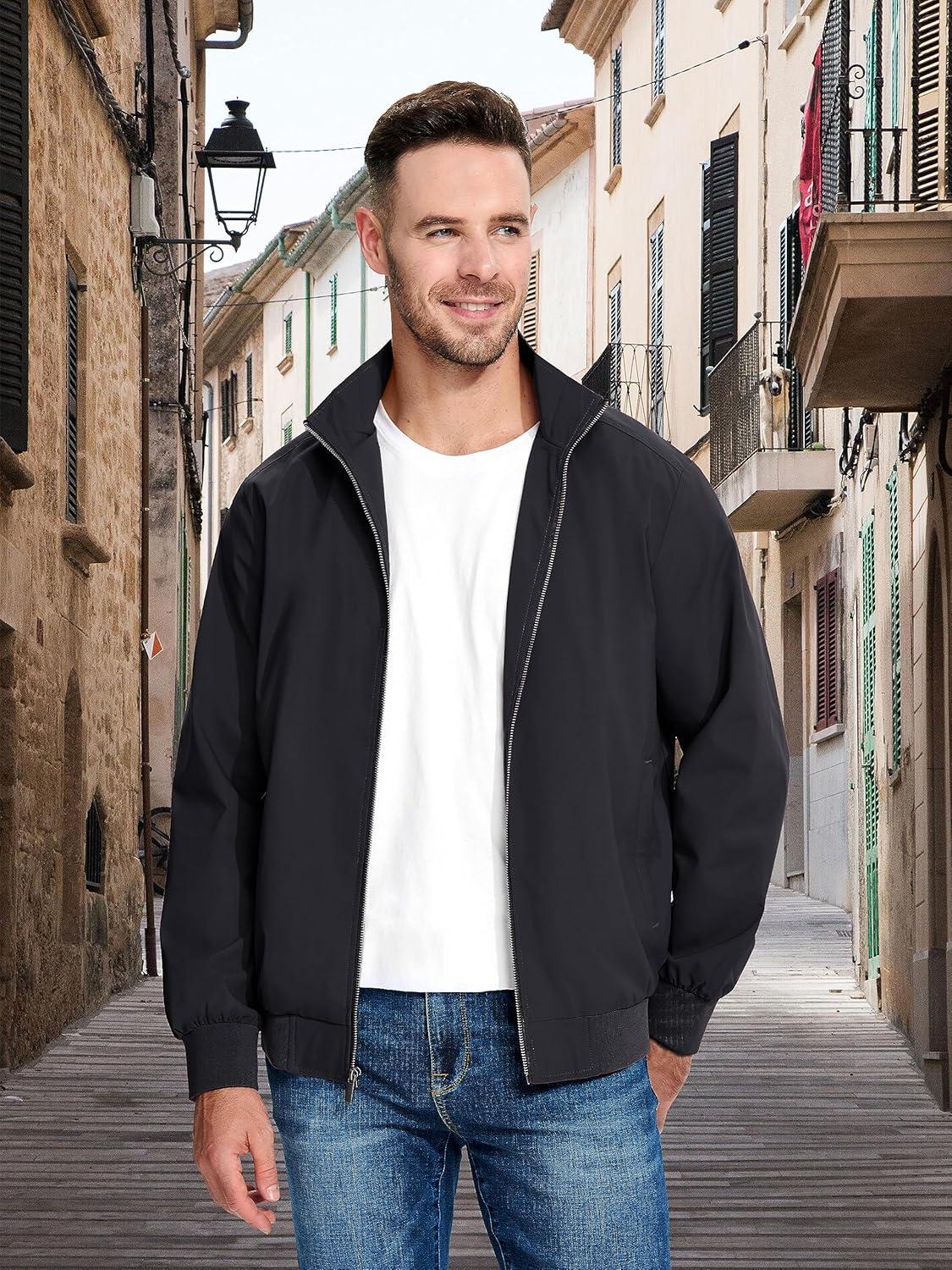 imageMAGCOMSEN Mens Lightweight Bomber Jacket Windproof Water Resistant Zip Up Coat Stand Up Collar Windbreaker with 3 PocketsBlack