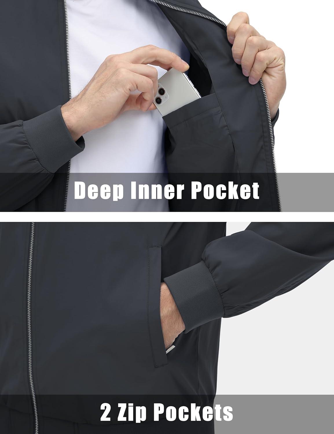 imageMAGCOMSEN Mens Lightweight Bomber Jacket Windproof Water Resistant Zip Up Coat Stand Up Collar Windbreaker with 3 PocketsDark Grey