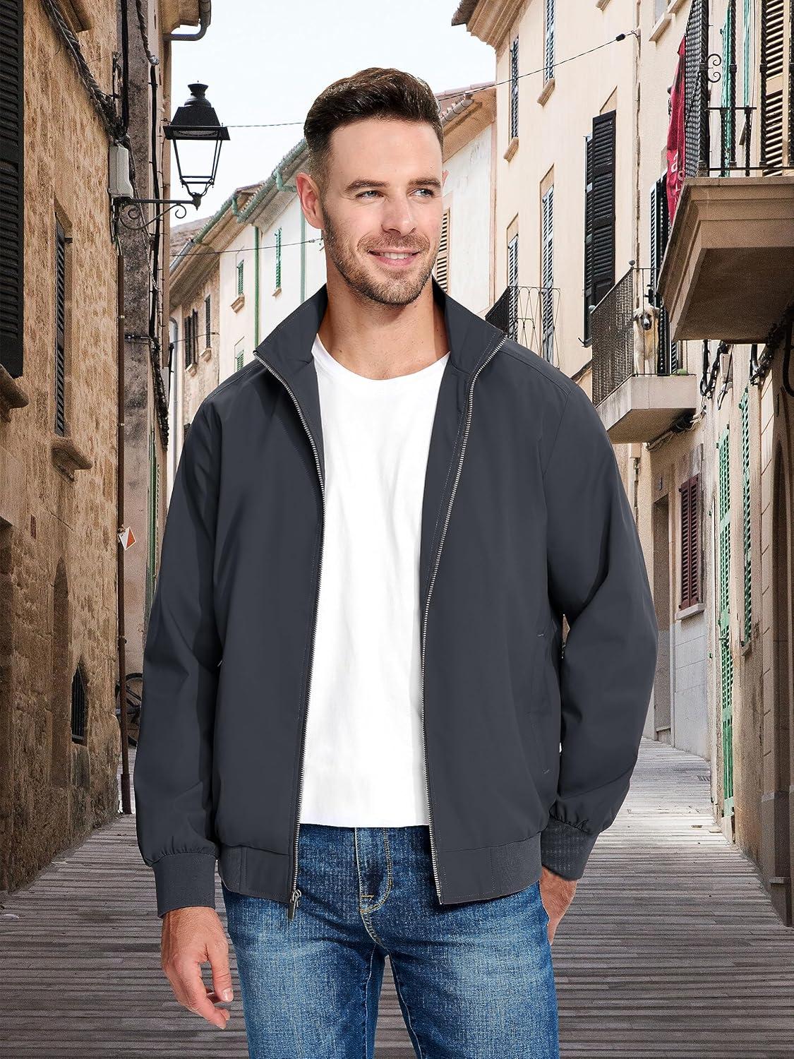imageMAGCOMSEN Mens Lightweight Bomber Jacket Windproof Water Resistant Zip Up Coat Stand Up Collar Windbreaker with 3 PocketsDark Grey