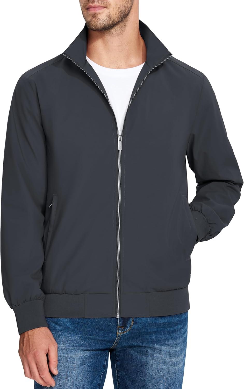 imageMAGCOMSEN Mens Lightweight Bomber Jacket Windproof Water Resistant Zip Up Coat Stand Up Collar Windbreaker with 3 PocketsDark Grey