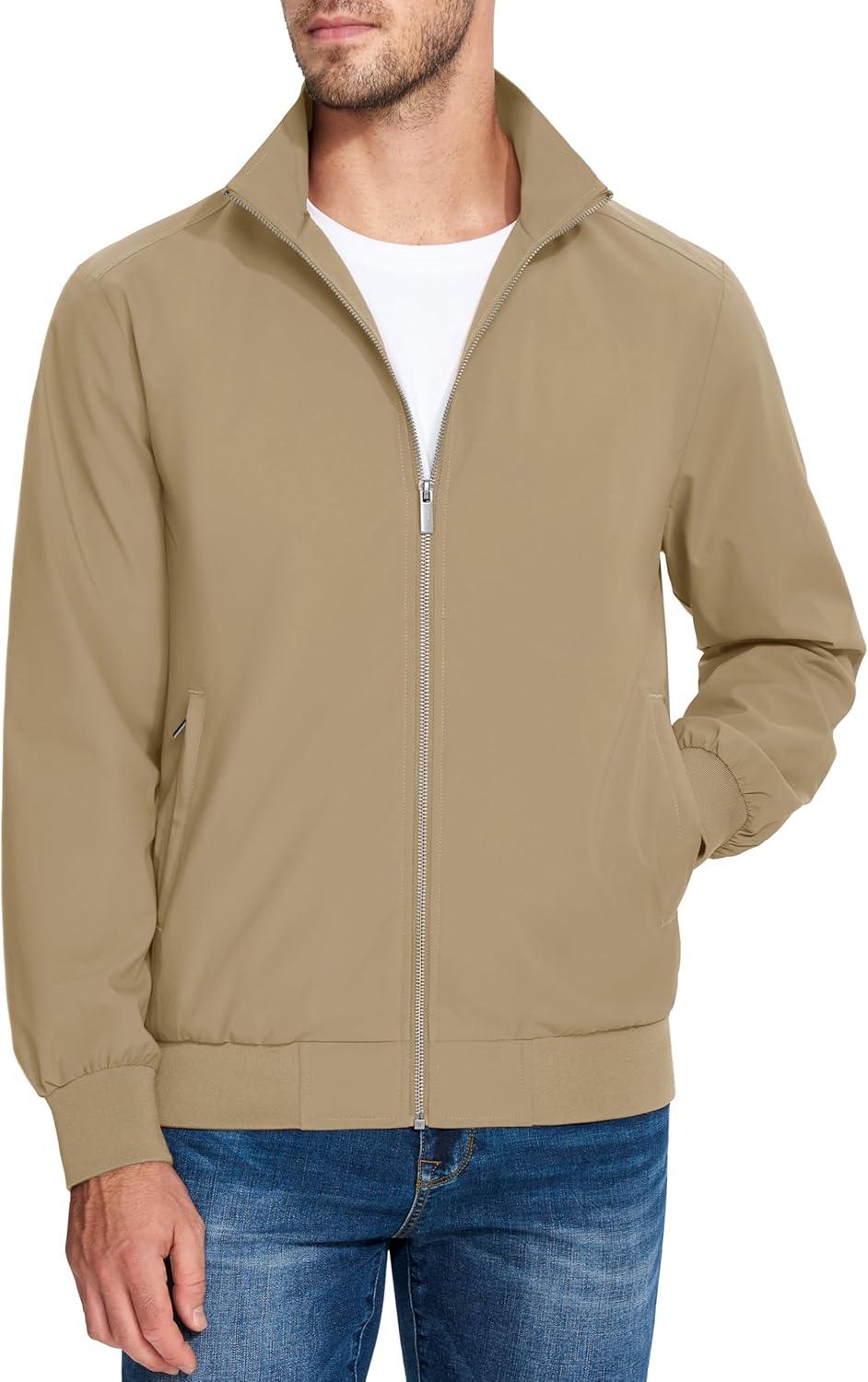 imageMAGCOMSEN Mens Lightweight Bomber Jacket Windproof Water Resistant Zip Up Coat Stand Up Collar Windbreaker with 3 PocketsKhaki