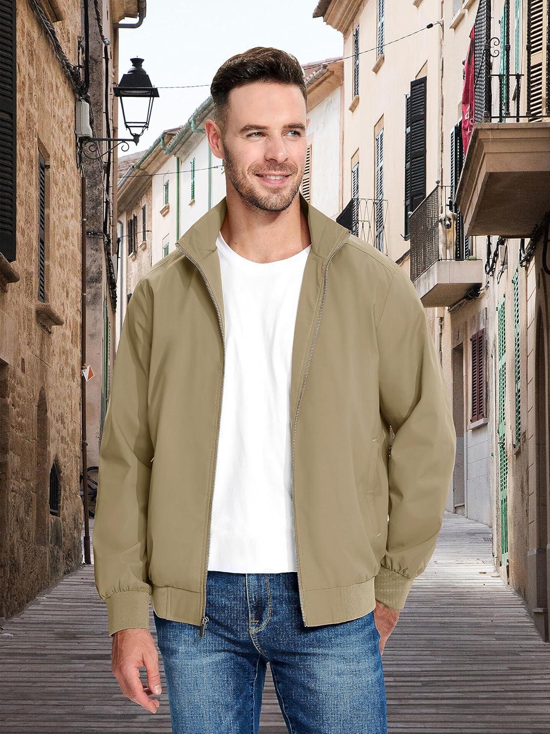 imageMAGCOMSEN Mens Lightweight Bomber Jacket Windproof Water Resistant Zip Up Coat Stand Up Collar Windbreaker with 3 PocketsKhaki
