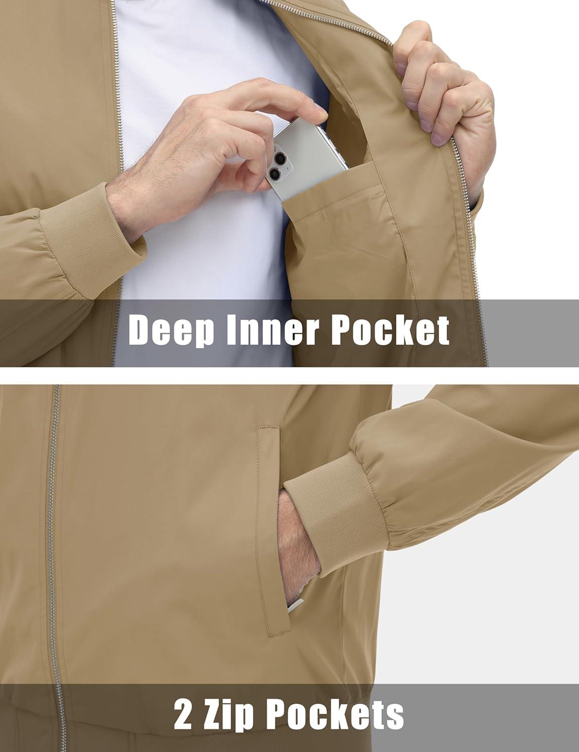 imageMAGCOMSEN Mens Lightweight Bomber Jacket Windproof Water Resistant Zip Up Coat Stand Up Collar Windbreaker with 3 PocketsKhaki