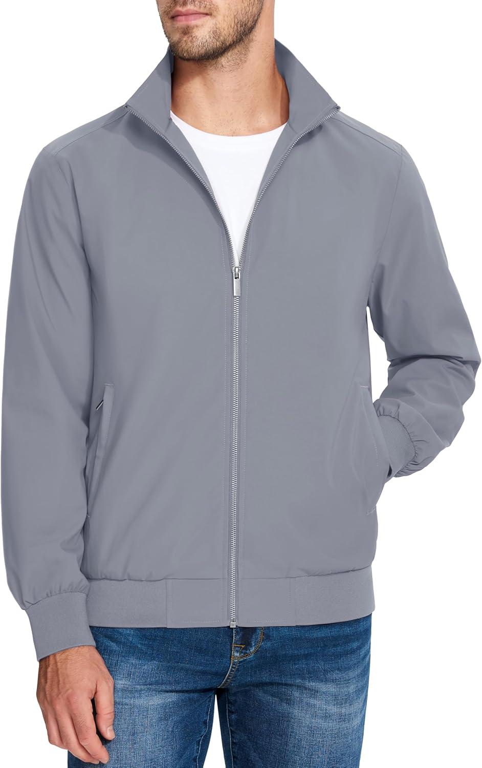 imageMAGCOMSEN Mens Lightweight Bomber Jacket Windproof Water Resistant Zip Up Coat Stand Up Collar Windbreaker with 3 PocketsLight Grey